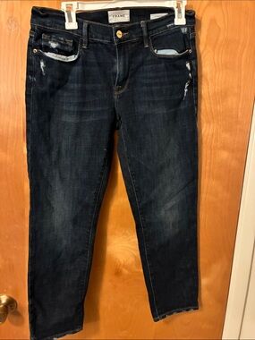 Frame Denim Slim women’s crop Jeans in Dark Blue with Subtle Distressing 27x 24